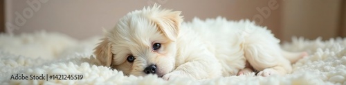 Adorable fluffy puppy resting on a soft blanket, exuding cuteness and warmth.