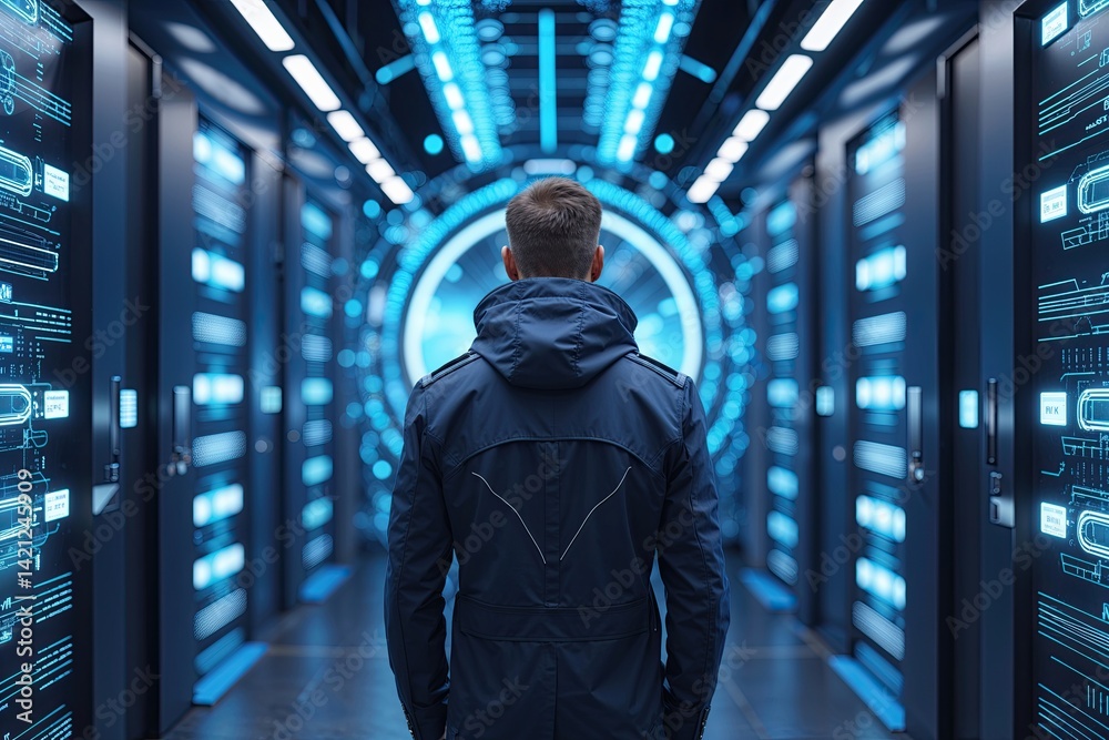 Fototapeta premium Imaginative Cybernetic Systems Backdrop for Information Security and Data Transmission in Electric Blue Wallpaper