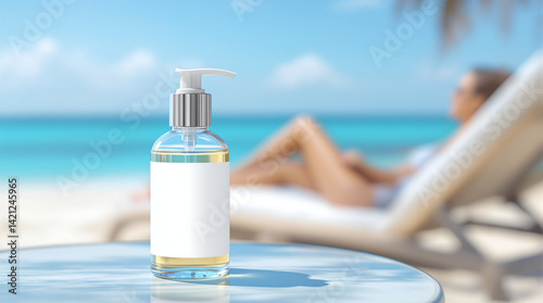 A bottle of sunscreen with a white empty label stands on a table by the pool against the background of a woman relaxing on a sun lounger - a concept of cosmetics, relaxation and skin care