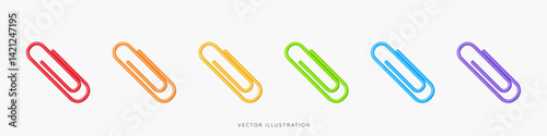 3D Rainbow glossy Paper clip emoji icon set. Office paperclips. School supplies. Stationery elements. Attach document. Cartoon design objects isolated on white. 3D Vector Illustration