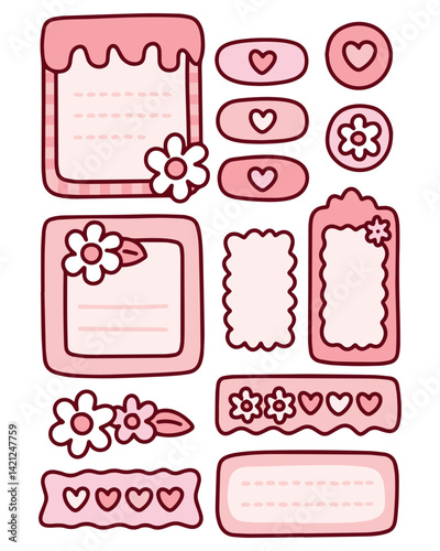 Pink planner sticker set with heart flower and frame elements for journaling or digital notes
