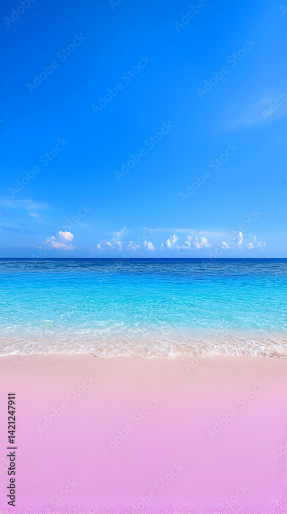 Obraz premium Pink Sand Beach and Turquoise Ocean Under a Vivid Blue Sky