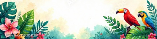 Vibrant parrots perched among tropical leaves and colorful flowers in a lush scene.