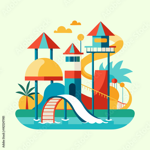 Colorful Water Park Illustration with Slides, Towers, and Palm Trees on Water
