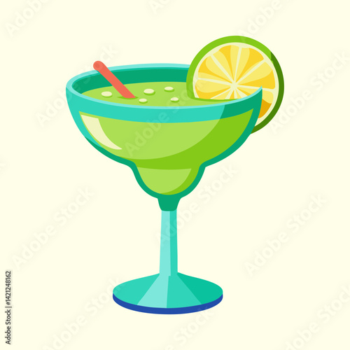 Illustration of a refreshing margarita cocktail with a lime slice and straw