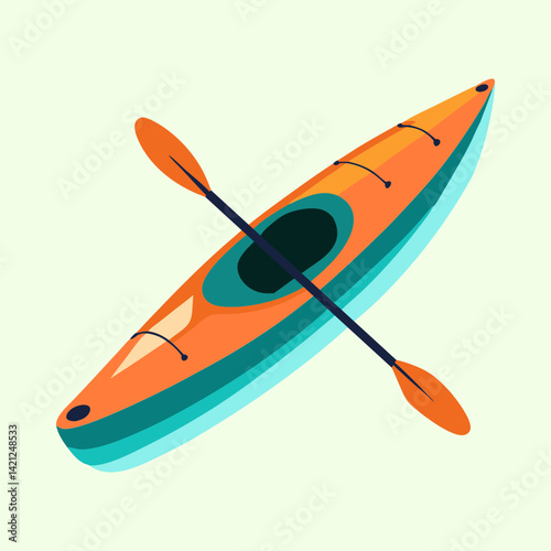 Stylized Orange Kayak with Paddle on Light Green Background Illustration