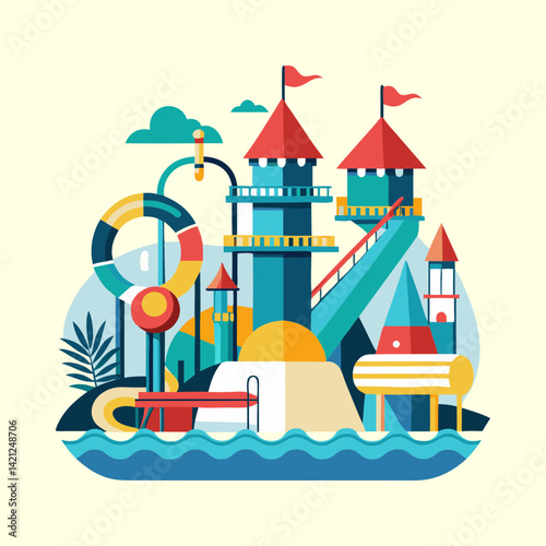 Vibrant and Geometric Water Park Illustration Featuring Towers, Slides, and Pools