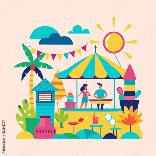 Vibrant and cheerful illustration of a summer fair with bright colors
