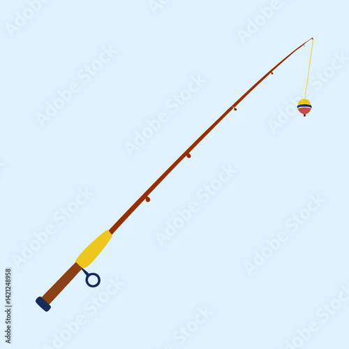 Cartoon fishing rod with bobber against light blue background is isolated