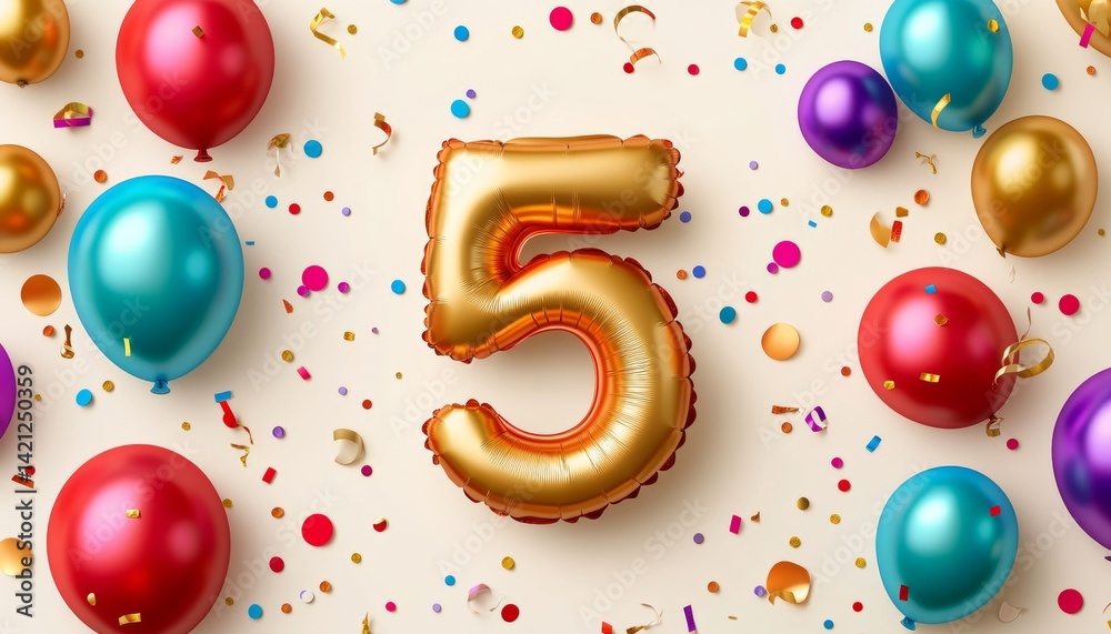 Golden number five balloon and colorful balloons for 5th birthday celebration on confetti background