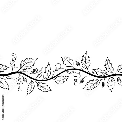 Organic Hand Drawn Vine Border Illustration with Leaves and Berries - Elegant Black and White Line Art Decoration