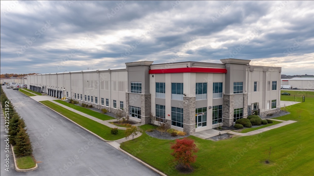 Modern industrial building complex with paved road, landscaping, and overcast sky Modern industrial building complex with paved road, landscaping, and overcast sky