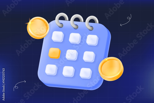 3D vector illustration, blue calendar with coins, payment schedule, billing cycle, financial planning, daily reward, or subscription reminder