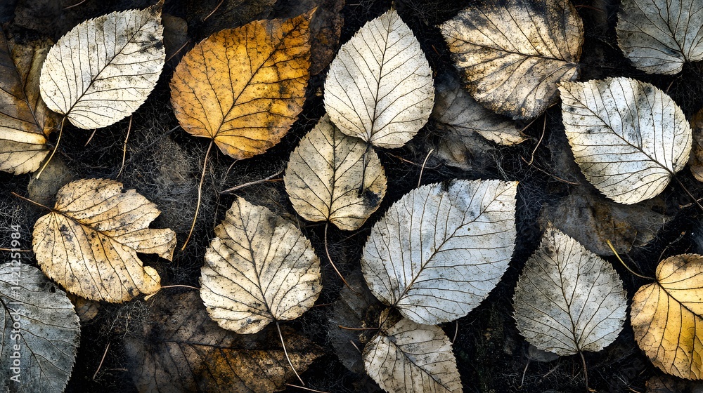 Fototapeta premium Autumn Dried Leaves on Dark Ground, Nature Texture Background