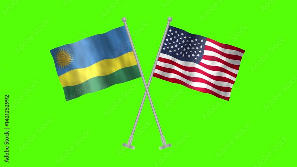 Flag of Rwanda and USA, Cross table flag of Rwanda and USA on Green screen chroma key, Rwanda and USA 3D Animation flag waving in the wind isolated on Green Background. 
