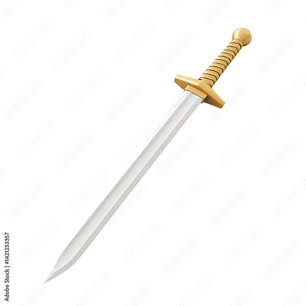 A silver medieval style sword with a decorated crossguard and straight blade standing upright on a black transparent background shown in minimal 3D icon style