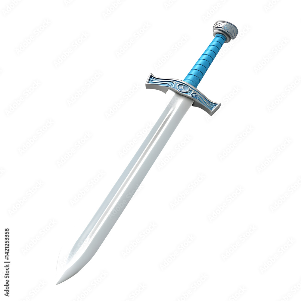 A silver medieval style sword with a decorated crossguard and straight blade standing upright on a black transparent background shown in minimal 3D icon style