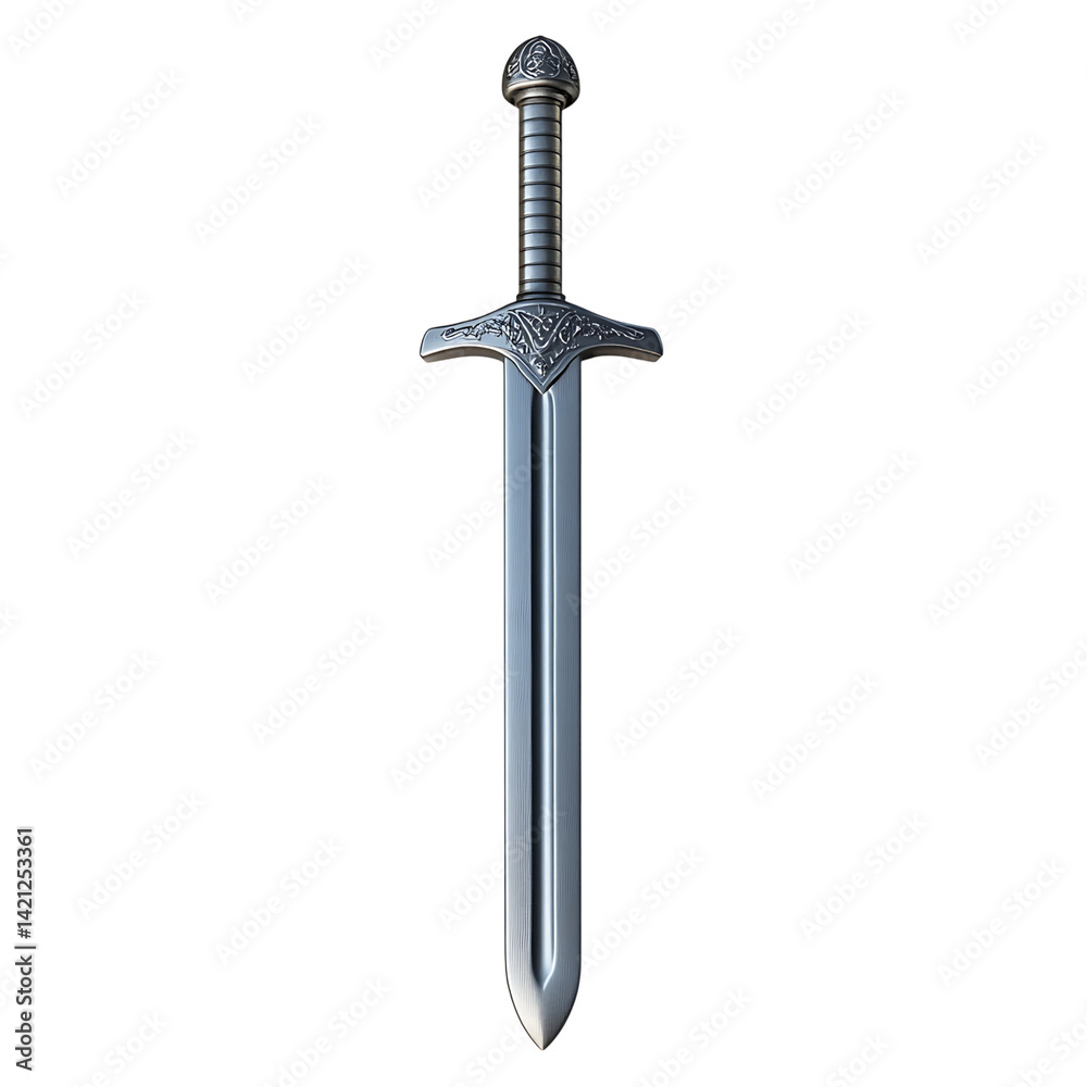 A silver medieval style sword with a decorated crossguard and straight blade standing upright on a black transparent background shown in minimal 3D icon style