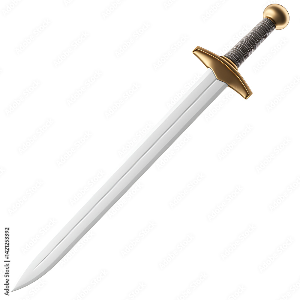 A silver medieval style sword with a decorated crossguard and straight blade standing upright on a black transparent background shown in minimal 3D icon style