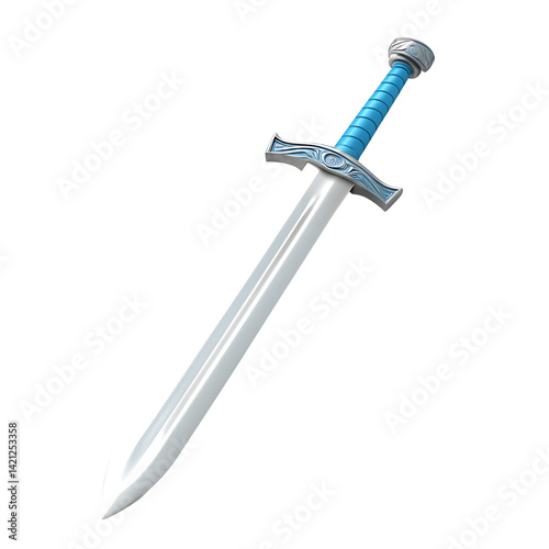 Obraz na płótnie A silver medieval style sword with a decorated crossguard and straight blade standing upright on a black transparent background shown in minimal 3D icon style w salonie