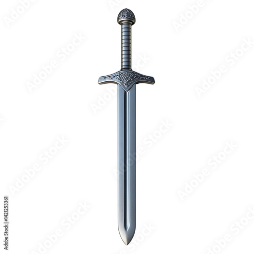 Obraz na płótnie A silver medieval style sword with a decorated crossguard and straight blade standing upright on a black transparent background shown in minimal 3D icon style w salonie