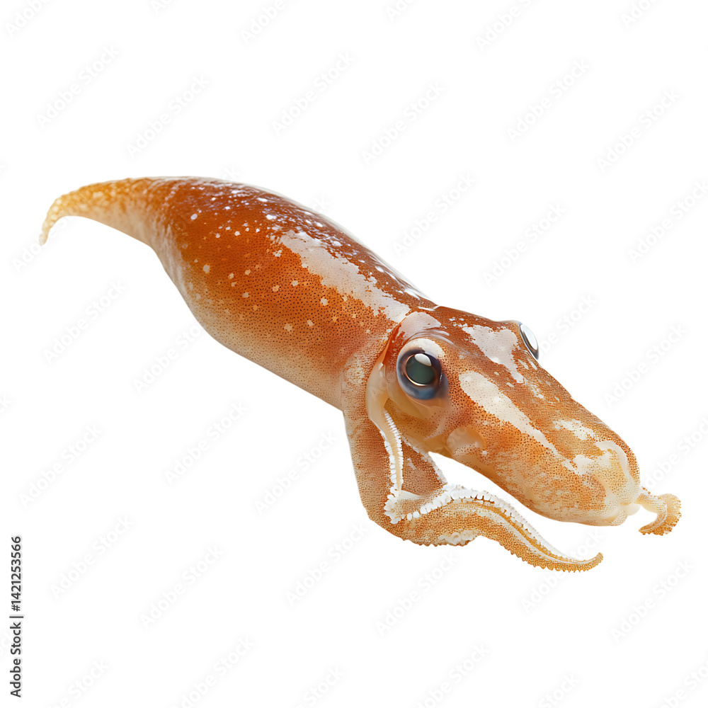 A fresh squid shown in full body with tentacles and body tube visible captured in high detail and realistic rendering against a white transparent background