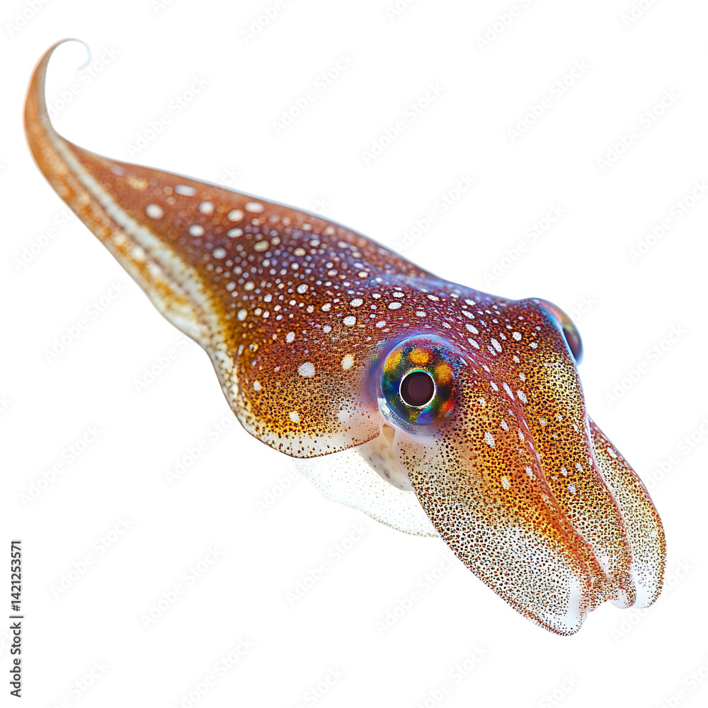 A fresh squid shown in full body with tentacles and body tube visible captured in high detail and realistic rendering against a white transparent background