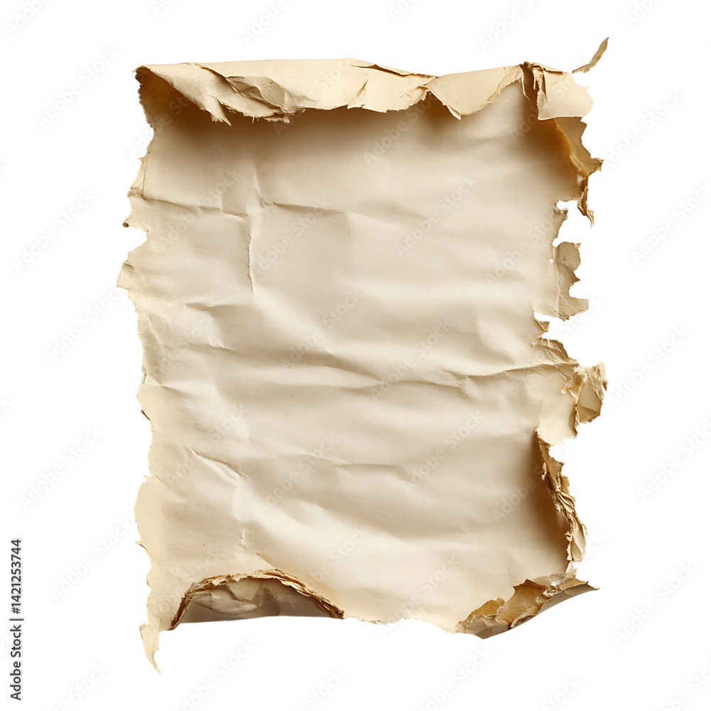 A crumpled torn square sheet of beige vintage paper with curled edges and deep folds displayed clearly on a white transparent background
