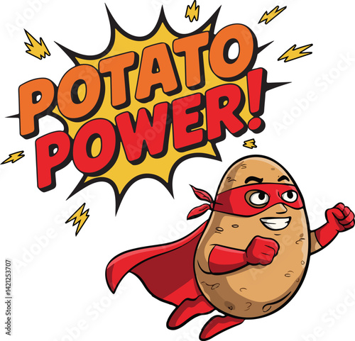 Potato Day of Vector Illustration | Cartoon Superhero Potato with Power Text and Lightning Effects | potato power | national potato day celebration