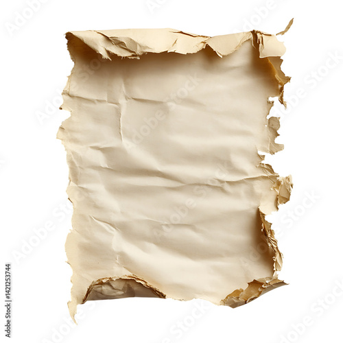Obraz na płótnie A crumpled torn square sheet of beige vintage paper with curled edges and deep folds displayed clearly on a white transparent background w salonie