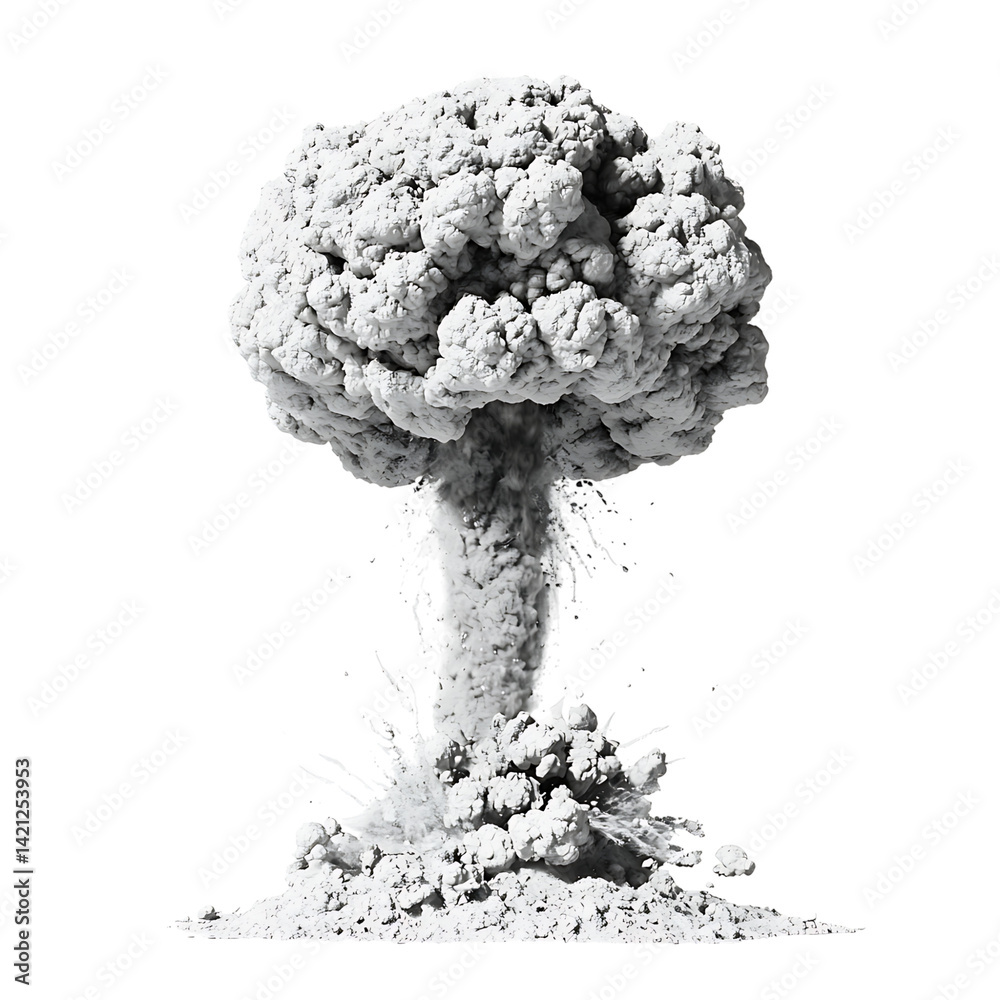 A dramatic fiery atomic mushroom cloud rising from a powerful explosion with smoke fire debris and glowing light effects captured in high resolution on a transparent background