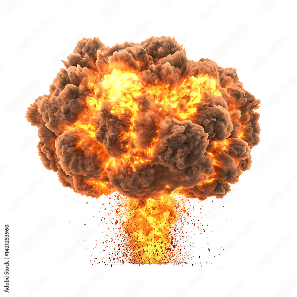 A dramatic fiery atomic mushroom cloud rising from a powerful explosion with smoke fire debris and glowing light effects captured in high resolution on a transparent background