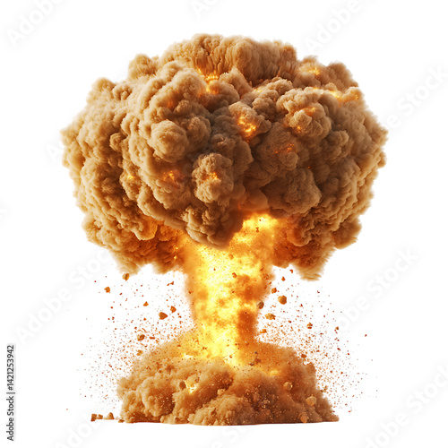 Obraz na płótnie A dramatic fiery atomic mushroom cloud rising from a powerful explosion with smoke fire debris and glowing light effects captured in high resolution on a transparent background w salonie