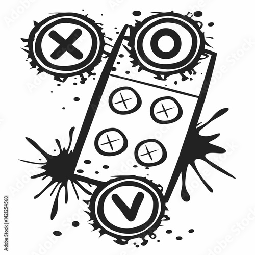 abstract ink splatter x o v and dot symbols in