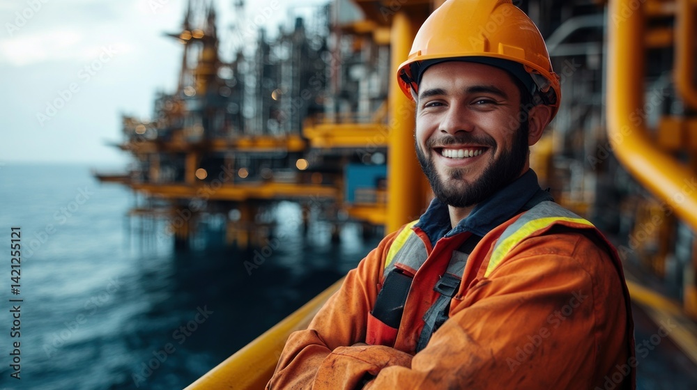 portrait of a smiling offshore worker in orange uniform and safety helmet with oil platform and sea background conveying confidence portrait of a smiling offshore worker in orange uniform and safety helmet with oil platform and sea background conveying confidence