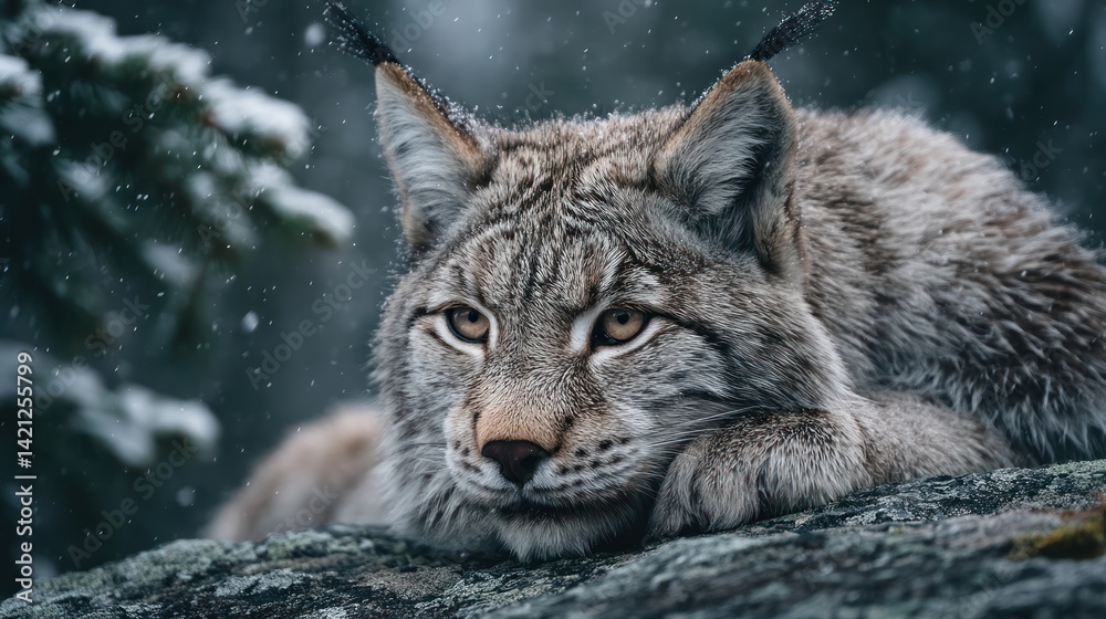 Fototapeta premium Majestic lynx rests serenely on a winter's rock.