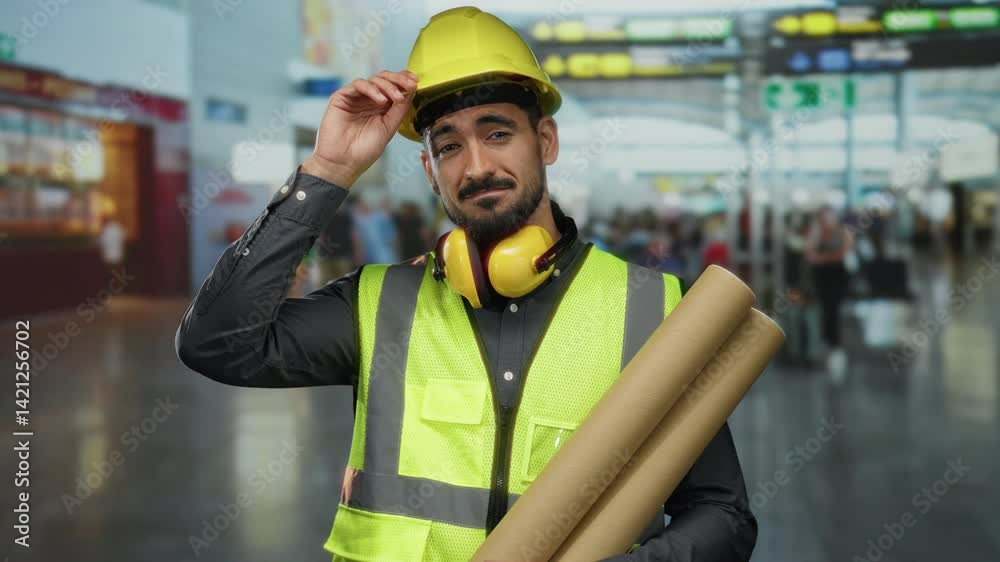Man wearing construction gear holds blueprints in a busy airport terminal with a focused expression and bright lighting emphasizing the work-ready environment. Man wearing construction gear holds blueprints in a busy airport terminal with a focused expression and bright lighting emphasizing the work-ready environment.