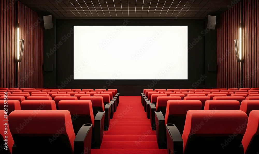 Fototapeta premium Modern Empty Cinema Interior with Red Seats and Blank Screen