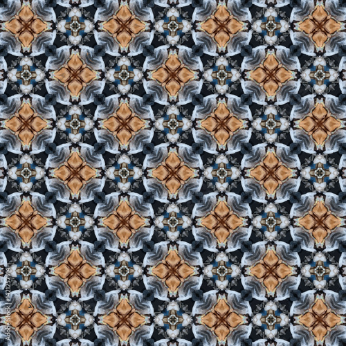 Seamless Abstract Kaleidoscope Pattern with Stone and Wood Texture