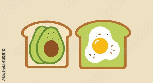 Clean flat design illustration of avocado toast. Simplified geometric shapes for bread, avocado spread (solid green), egg (circle with yellow yolk), and sprinkle icons