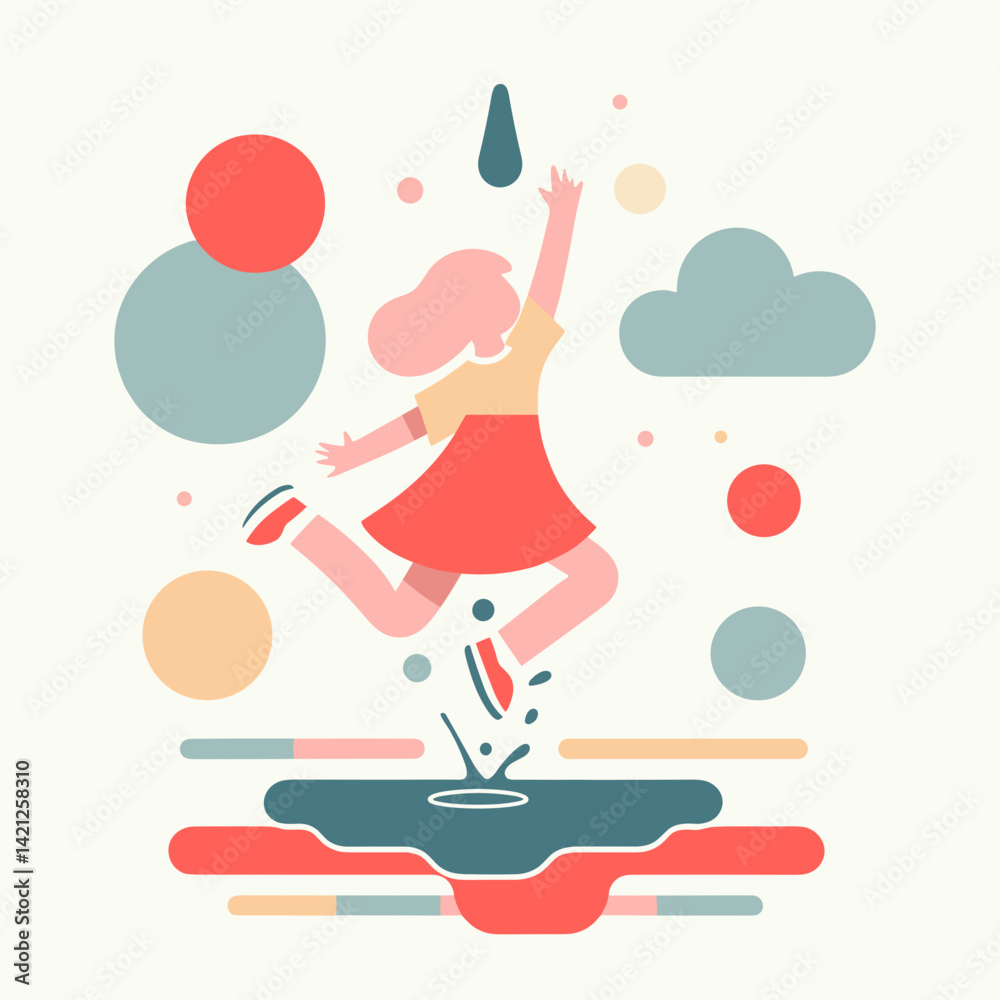 Child jumping in puddles, feeling joyful, against a colorful background. Child jumping in puddles, feeling joyful, against a colorful background.