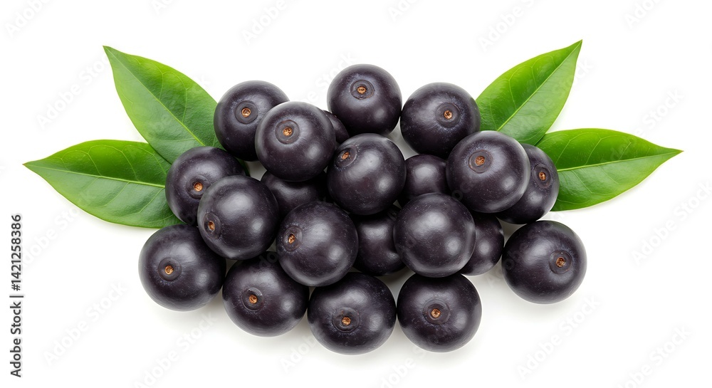 Fresh acai berries with leaves isolated on white top view white background Fresh. Brazilian food