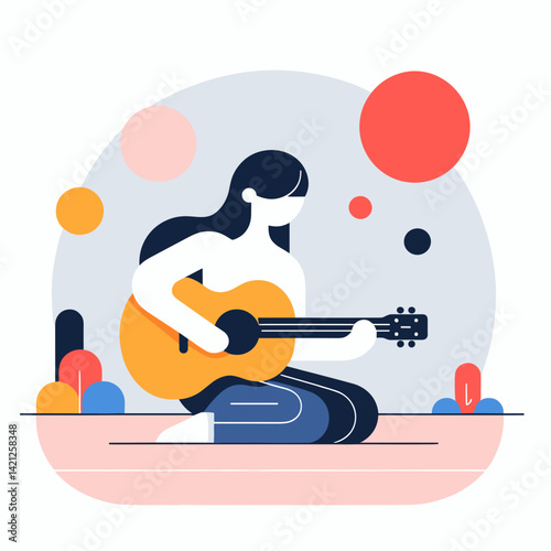 Girl playing the guitar, enjoying music, sitting against abstract background  