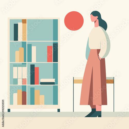 Woman standing near a bookshelf, pondering in a minimalist room  