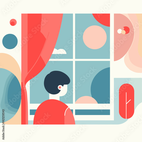 Boy Looking Out the Window, Contemplative Mood, Against Abstract Background  