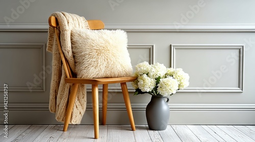 The Scandinavian inspired entry way is adorned with cozy textures and soft lighting, creating a warm and inviting ambiance