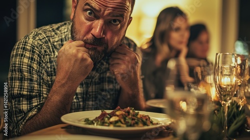 A man showing disgust while tasting a questionable dish at a dinner table with friends or family.
