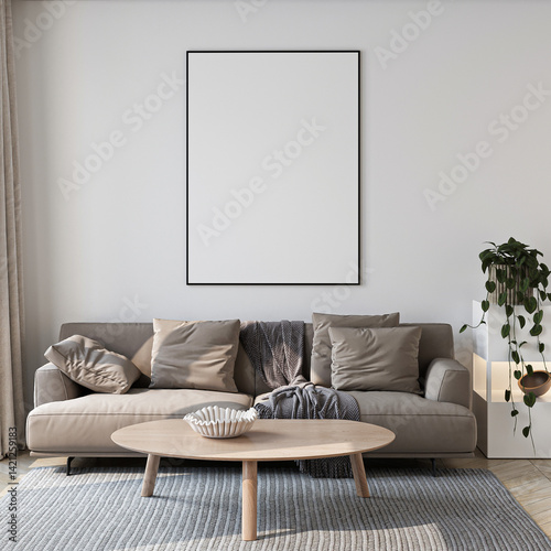 Frame mockup, ISO A paper size. Living room wall poster mockup. Interior mockup with house background. Modern interior design. 3D render
