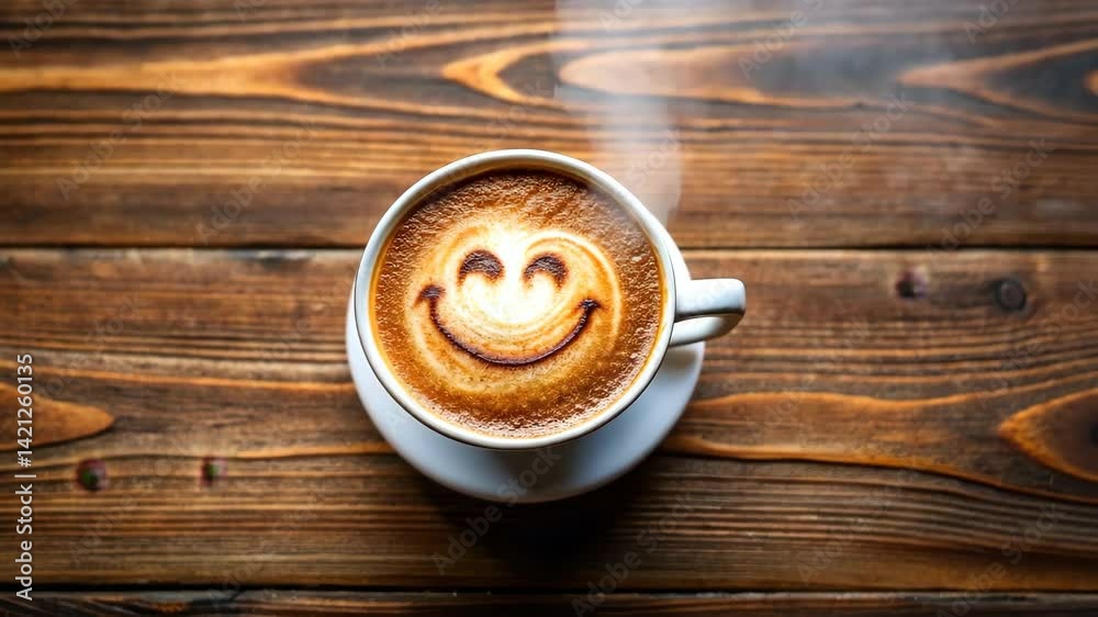 Aromatic coffee with a smile face latte art design on a wooden table