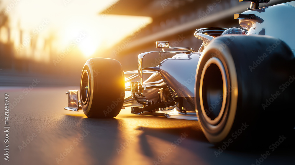 Racing Car on the Track at Sunset